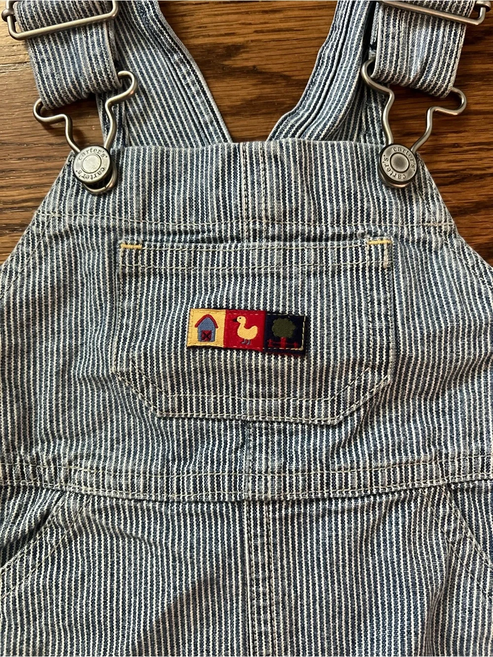 Vintage Carter’s Striped Blue Baby Overalls with Tractor Patch